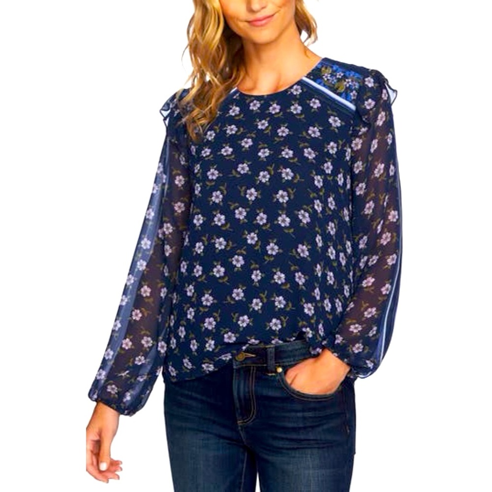 CeCe Blue Floral Ruffled Long Sleeve Blouse Size L